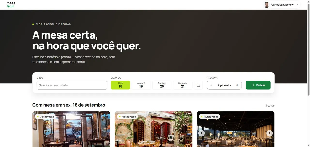 Tela do Mesa Fácil mostrando busca de mesas por cidade, data e número de pessoas