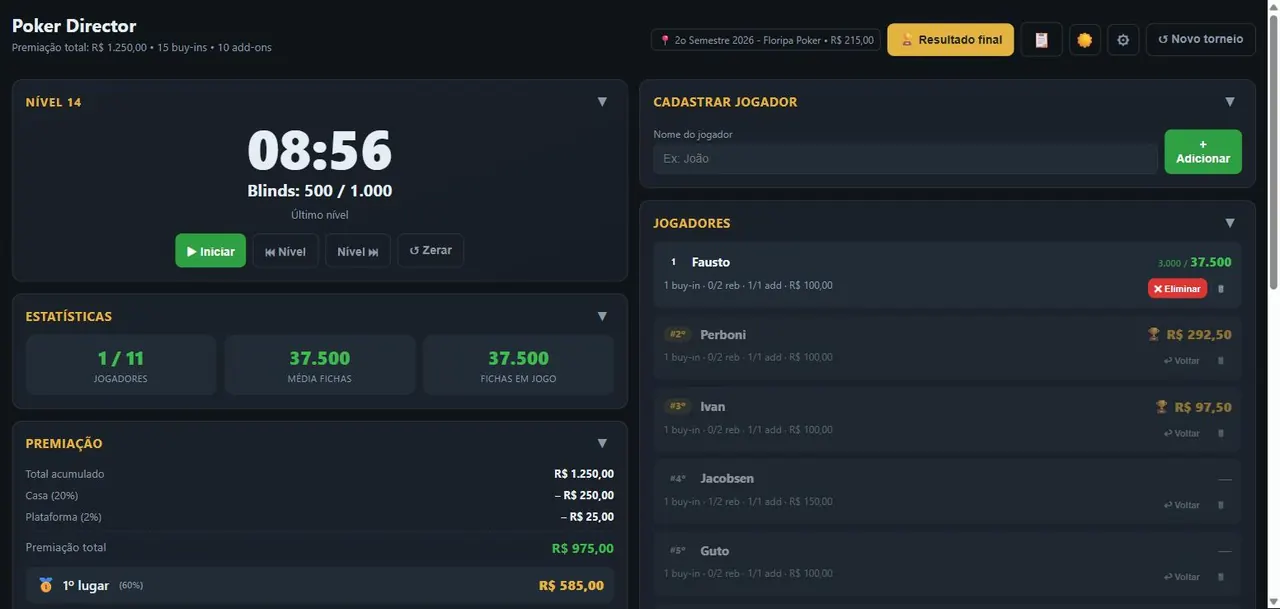 Poker Director com relógio de blinds, estatísticas e premiação do torneio