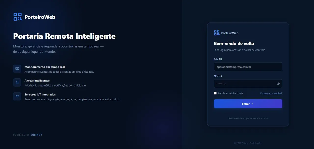 Tela de acesso do PorteiroWeb — portaria remota inteligente