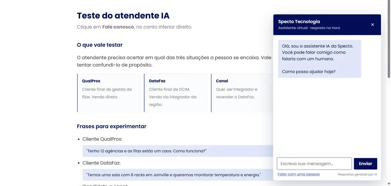 Atendente virtual da Specto respondendo no widget de chat